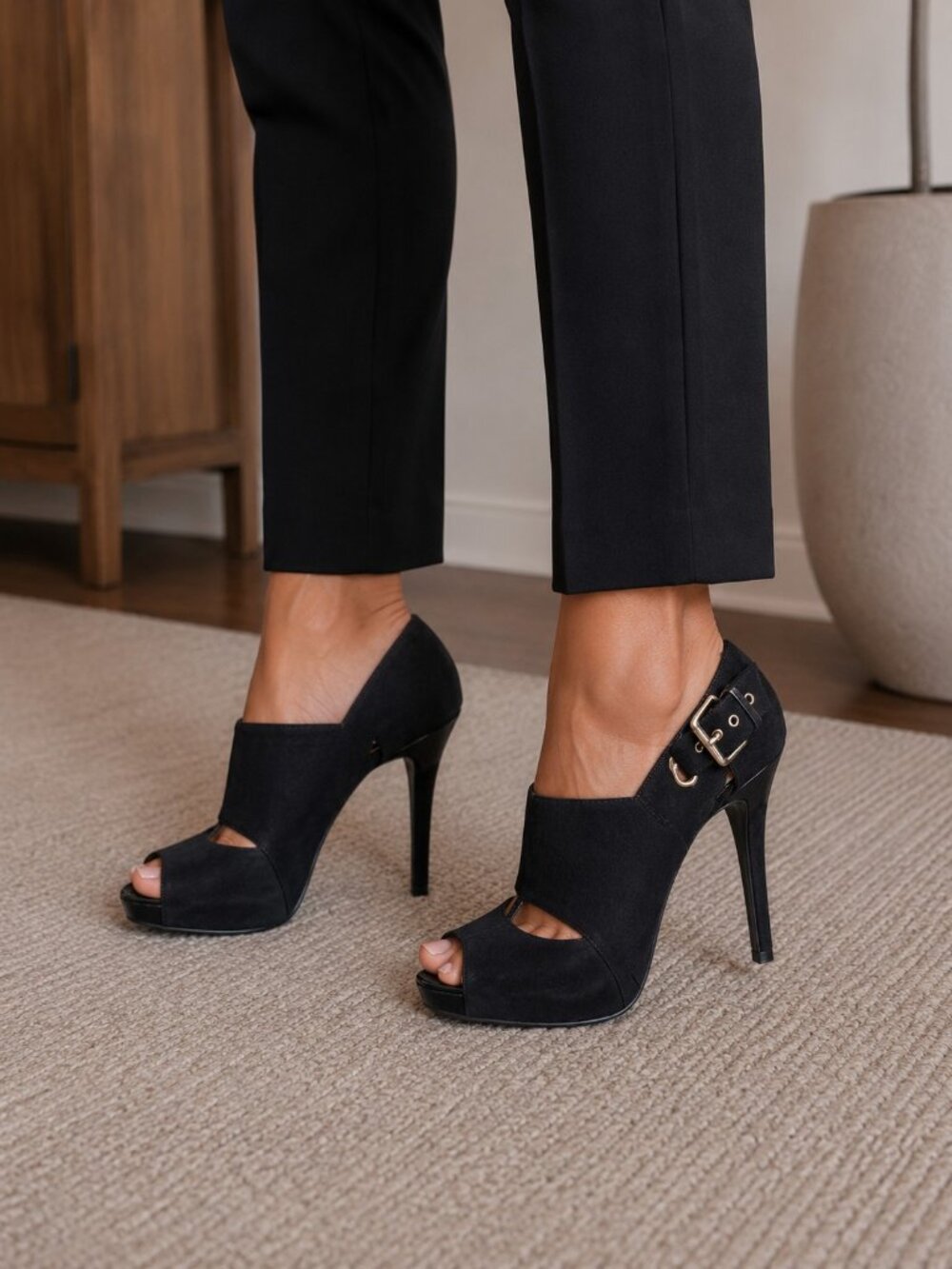 Nine West Black Suede Peep-Toe Cutout Heels With Buckle Detail–Size 8.5M- NWOT's